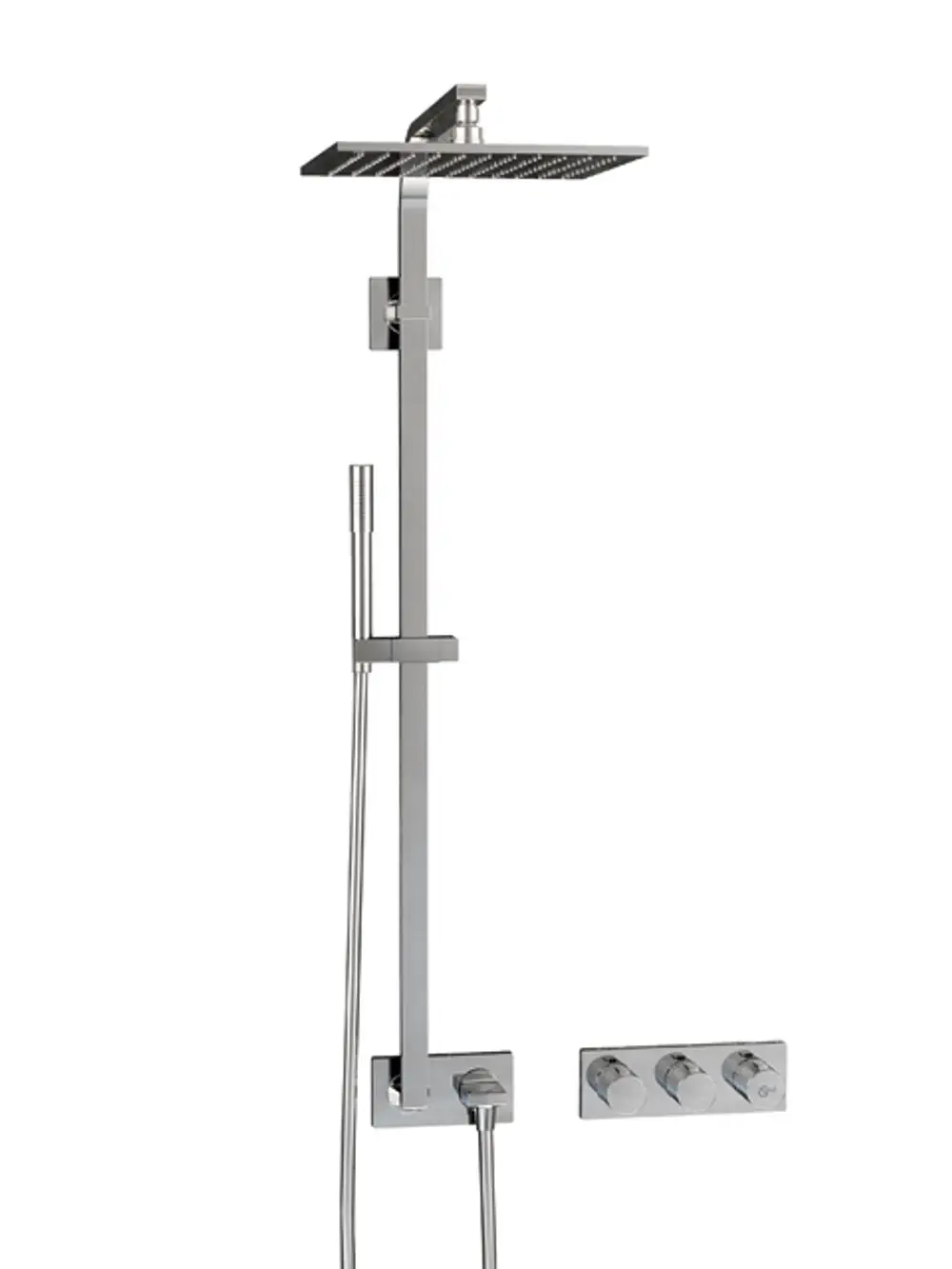 Brausesystem in Chrom von Ideal Standard mit großen Regenbrausekopf, Handbrause und separater Steuerungseinheit für Wasserdurchfluss und Temperatur.